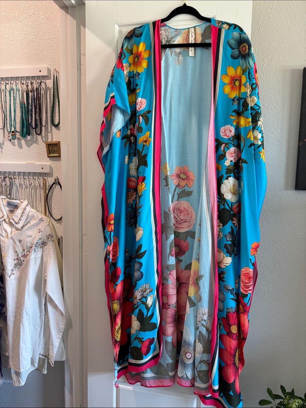 Bright Turquoise Floral Kimono Cardigan with Pink Trim